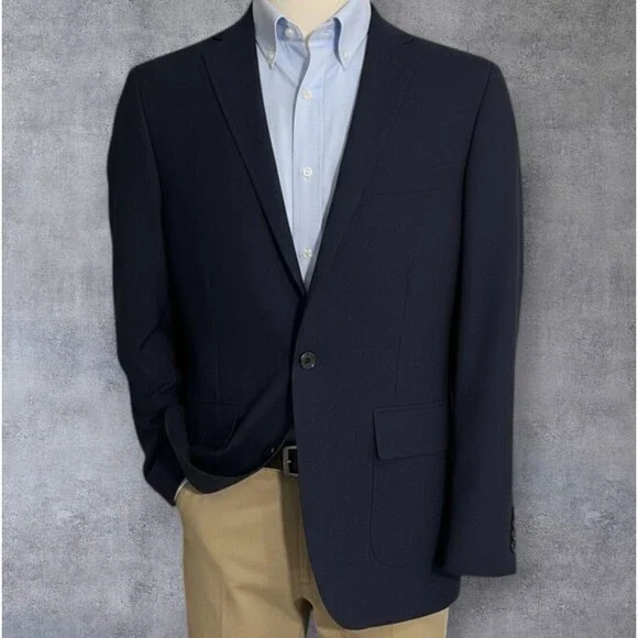 LANDS END Mans Navy Blazer Sport Coat Two Button Jacket 42R WOOL Suits
